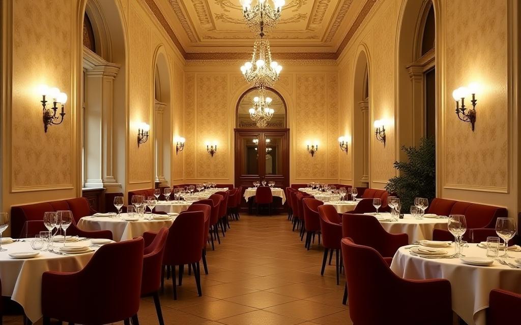 Sala principale di un ristorante raffinato a Genova, con pareti decorate da un'elegante carta da parati damascata color crema e dettagli dorati.
